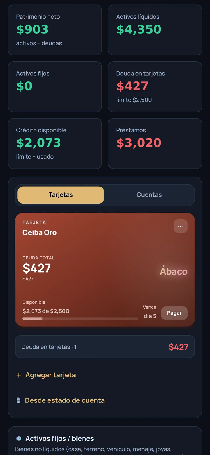 Pantalla de Cuentas y patrimonio: patrimonio neto, activos, deudas y una tarjeta de crédito registrada