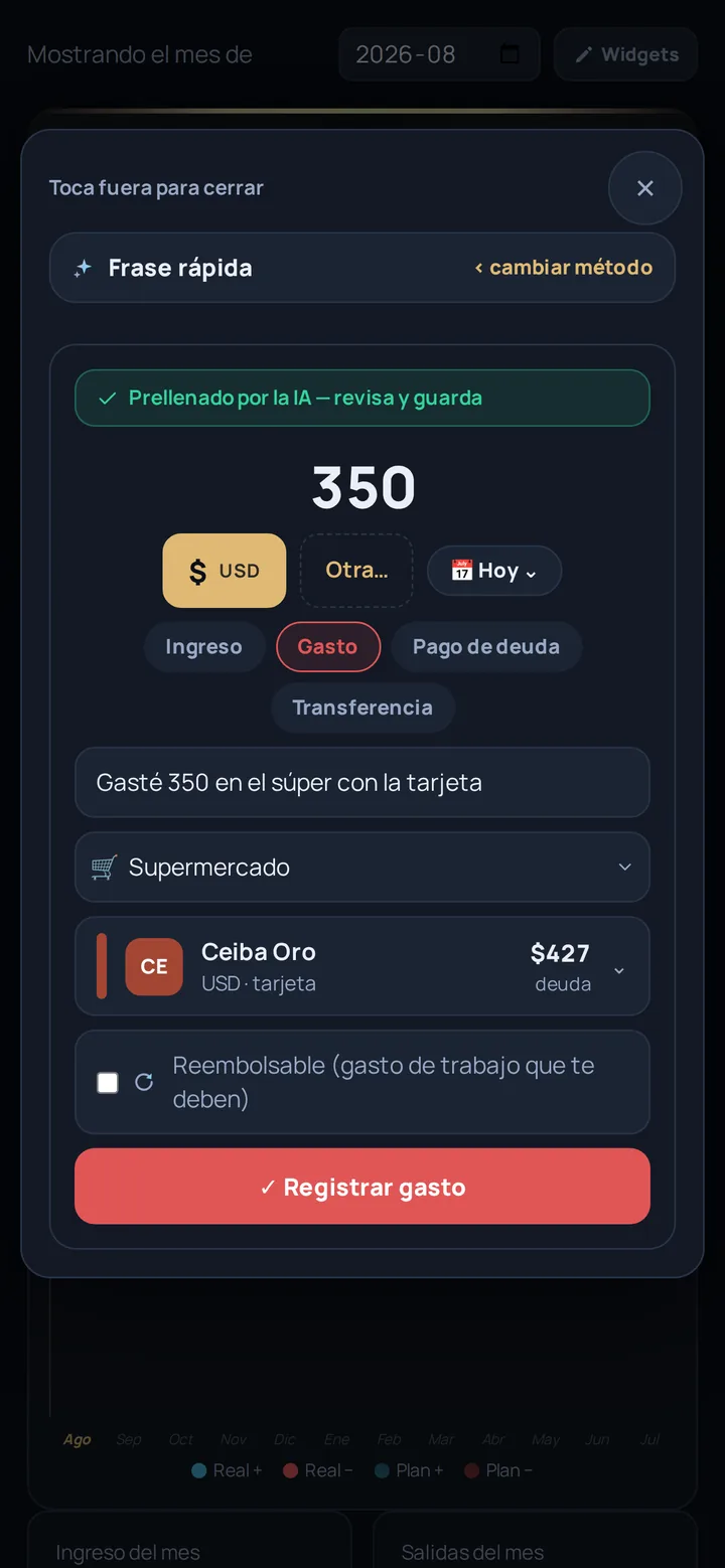 Registro con frase rápida: la IA prellenó monto, categoría y tarjeta a partir de la frase «Gasté 350 en el súper con la tarjeta»