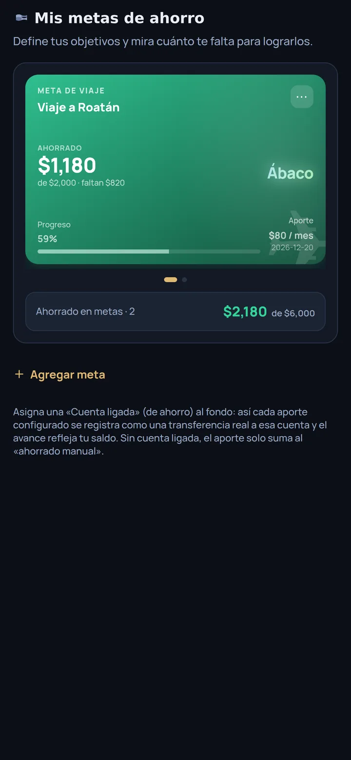 Pantalla de Mis metas de ahorro con una meta de viaje al 59% de progreso