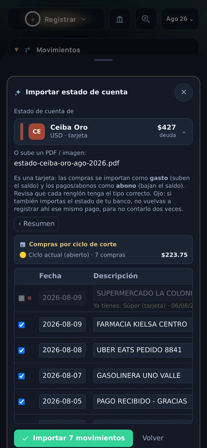 Importador de estado de cuenta: la IA propone las compras del ciclo, con un duplicado ya detectado y desmarcado